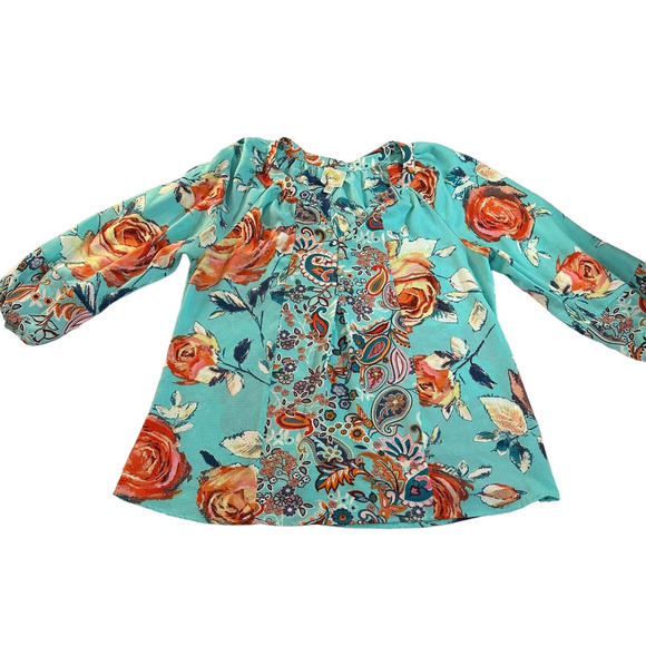 fig and flower Tops - Fig and Flower Shirt Women’s Size Large Teal Floral Loose Fit Quarter Sleeve